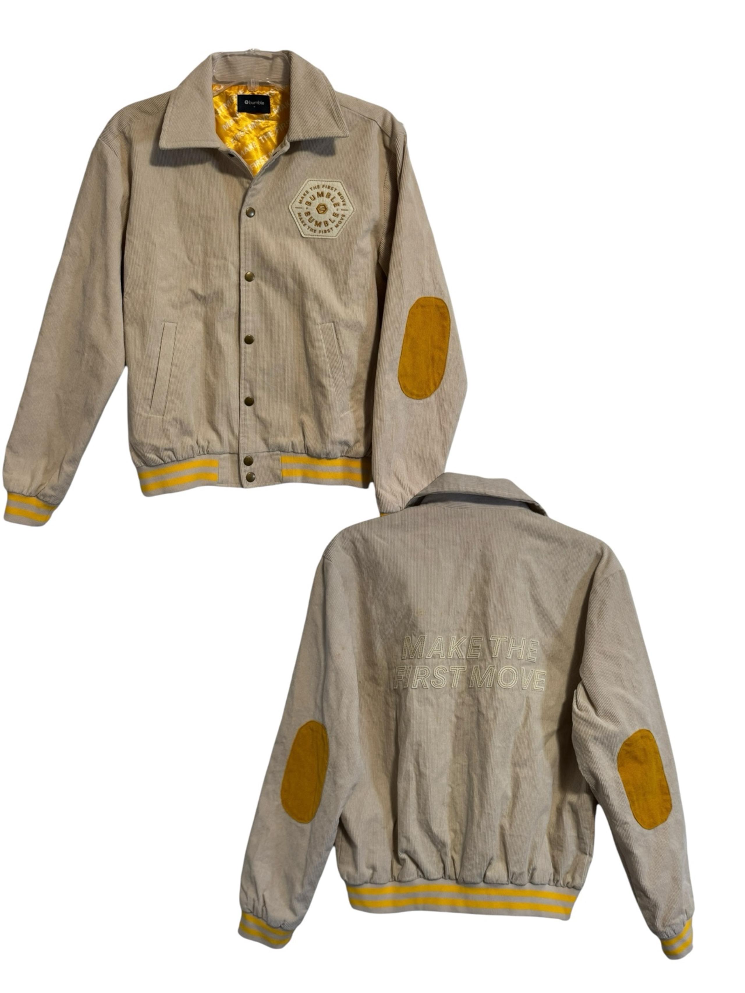 Bumble Dating App Corduroy Jacket Size Medium Tan Varsity Snap Front