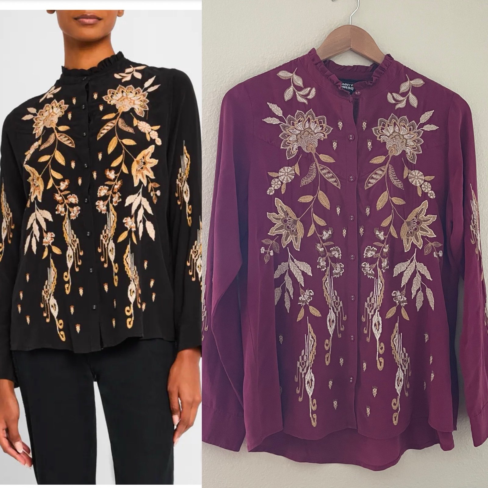 Johnny Was Chiarra Button Down Shirt Purple Embroidered Silk Size Small