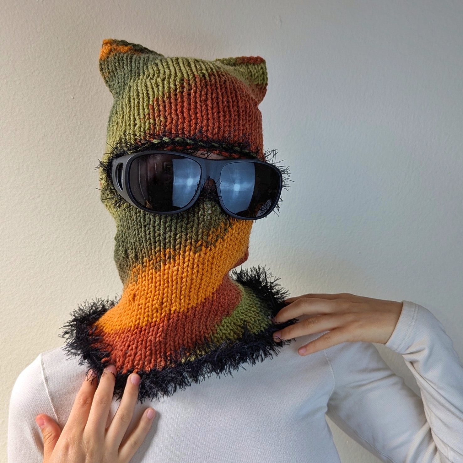 Sunset Multicolor Grunge Fuzzy Knit Handmade Cat Ears Balaclava Winter Hat