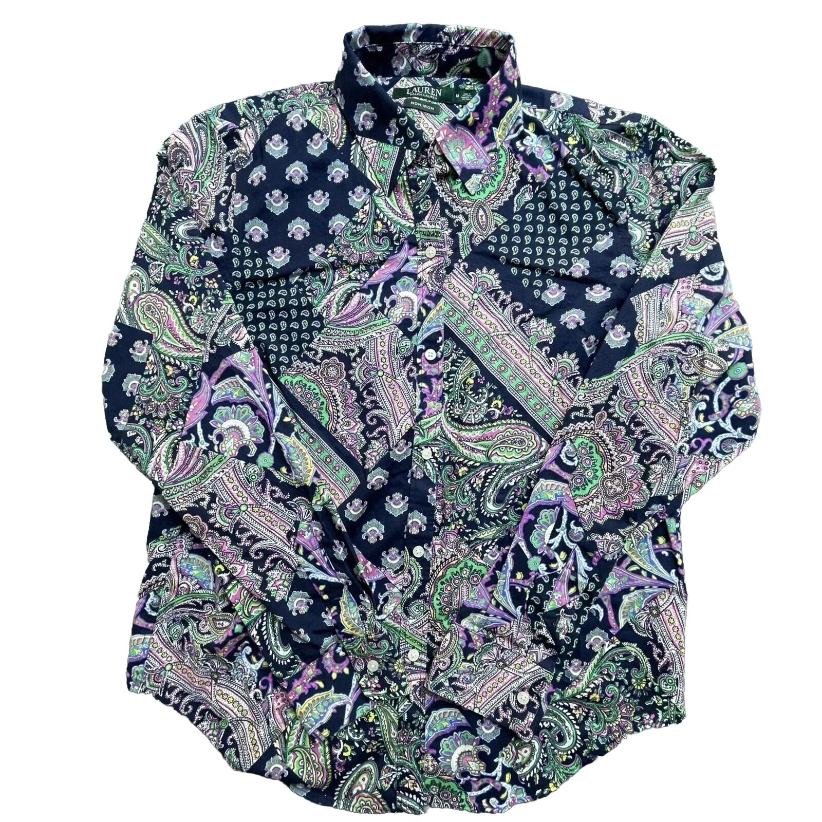 Lauren Ralph Lauren Shirt Womens Medium Blue Pink Green Paisley Psychedelic