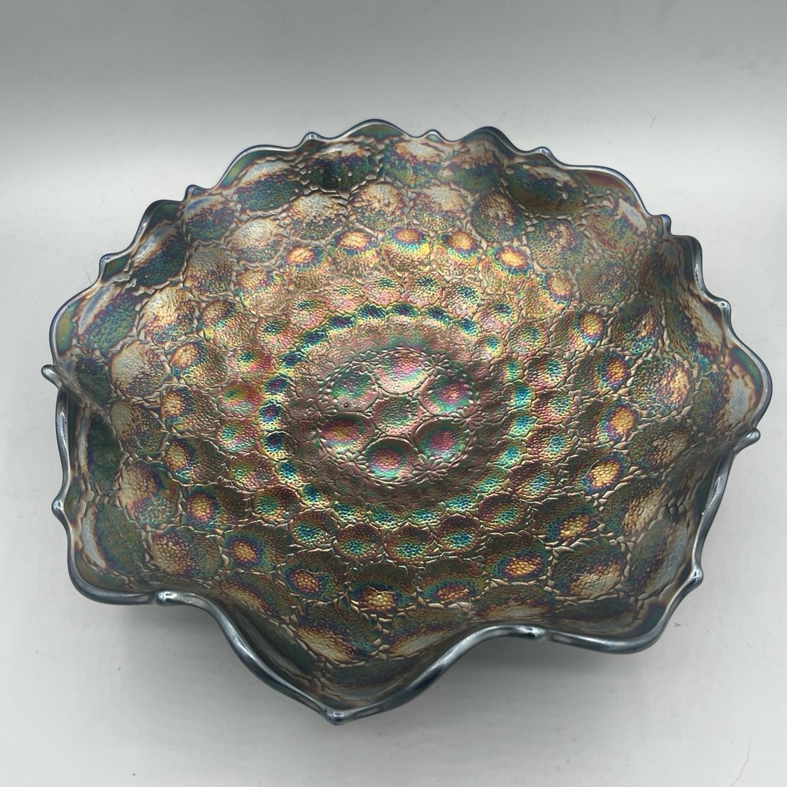 Fenton Feather Stitch Cobalt Carnival Glass Bowl