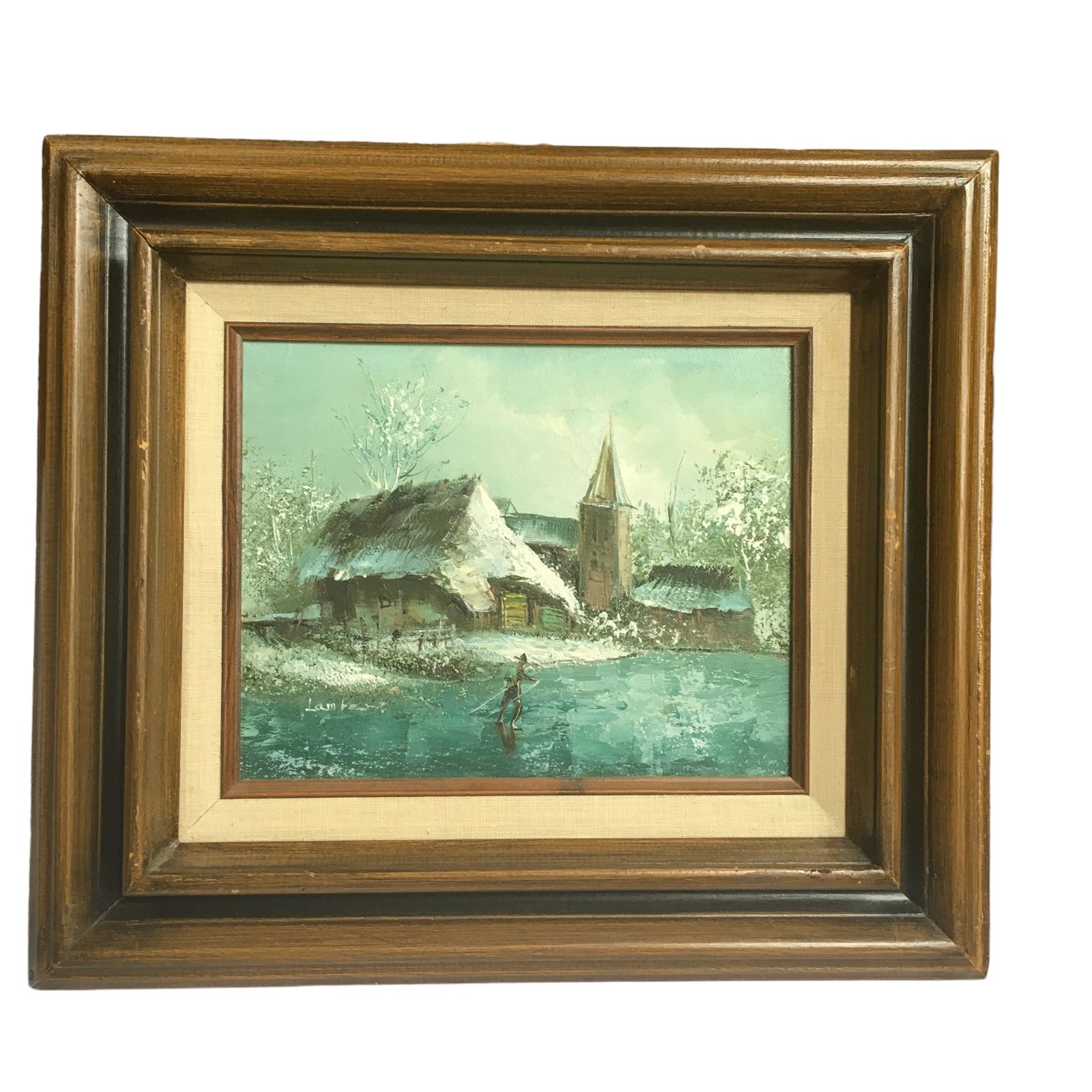 Vintage Oil Painting Country Cottage on Lake in Winter Snow 14” X 16”