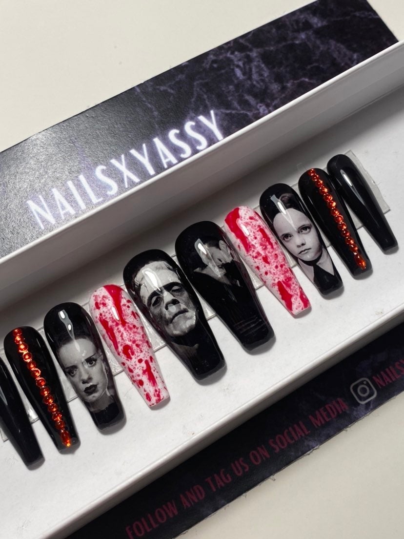 Adams family and Frankenstein and girlfriend press on nails set