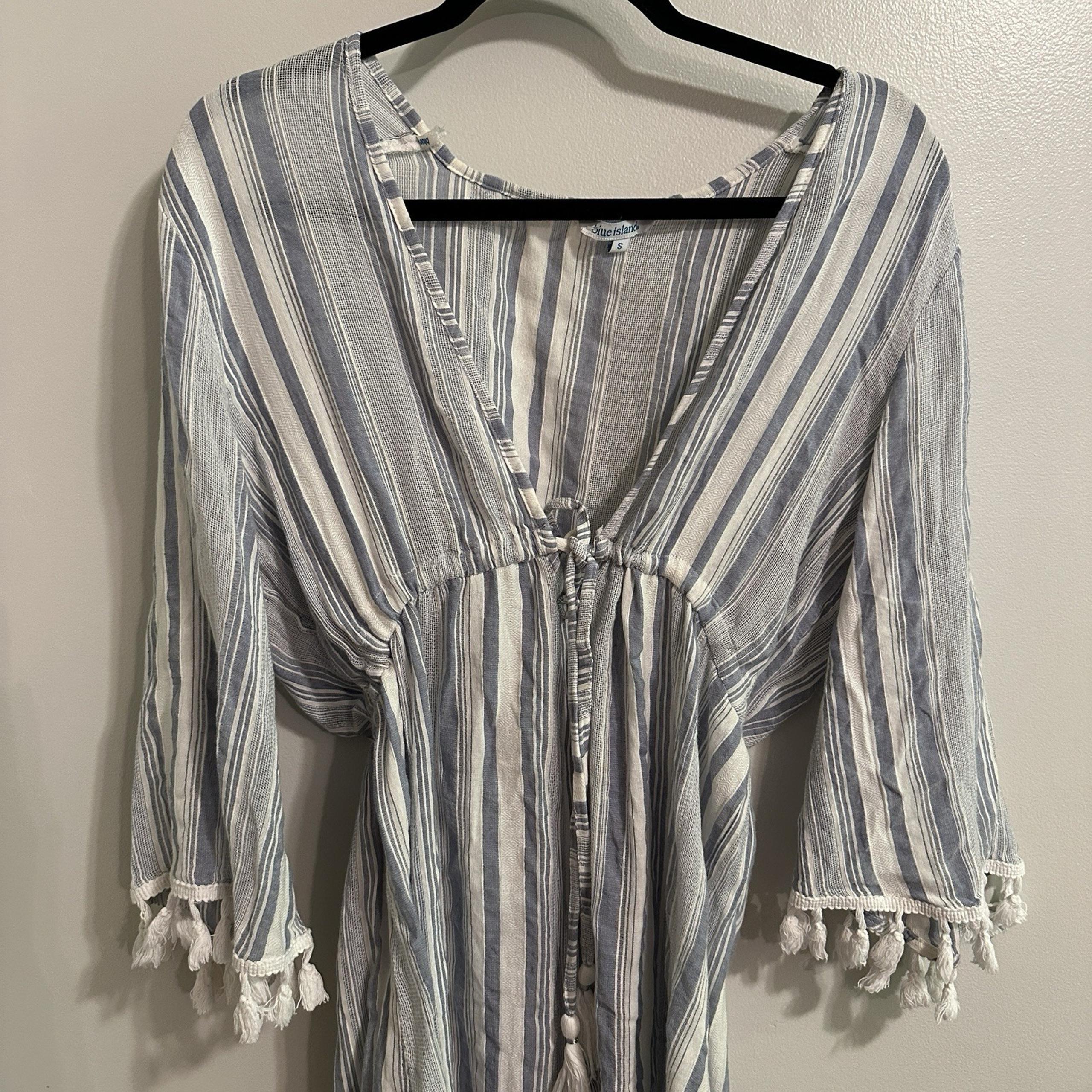 Blue Island Striped Boho Cover-Up Tunic – Size S – Beach Swim Resortwear