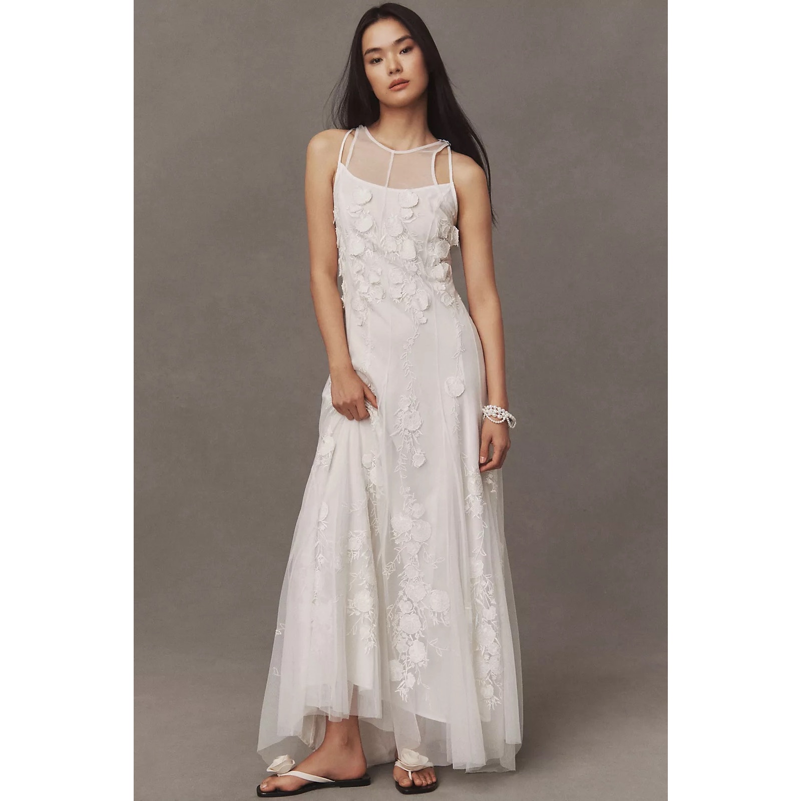 BHLDN NWT Ivory Calla Sleeveless Tulle Floral Applique Maxi Dress Size Medium