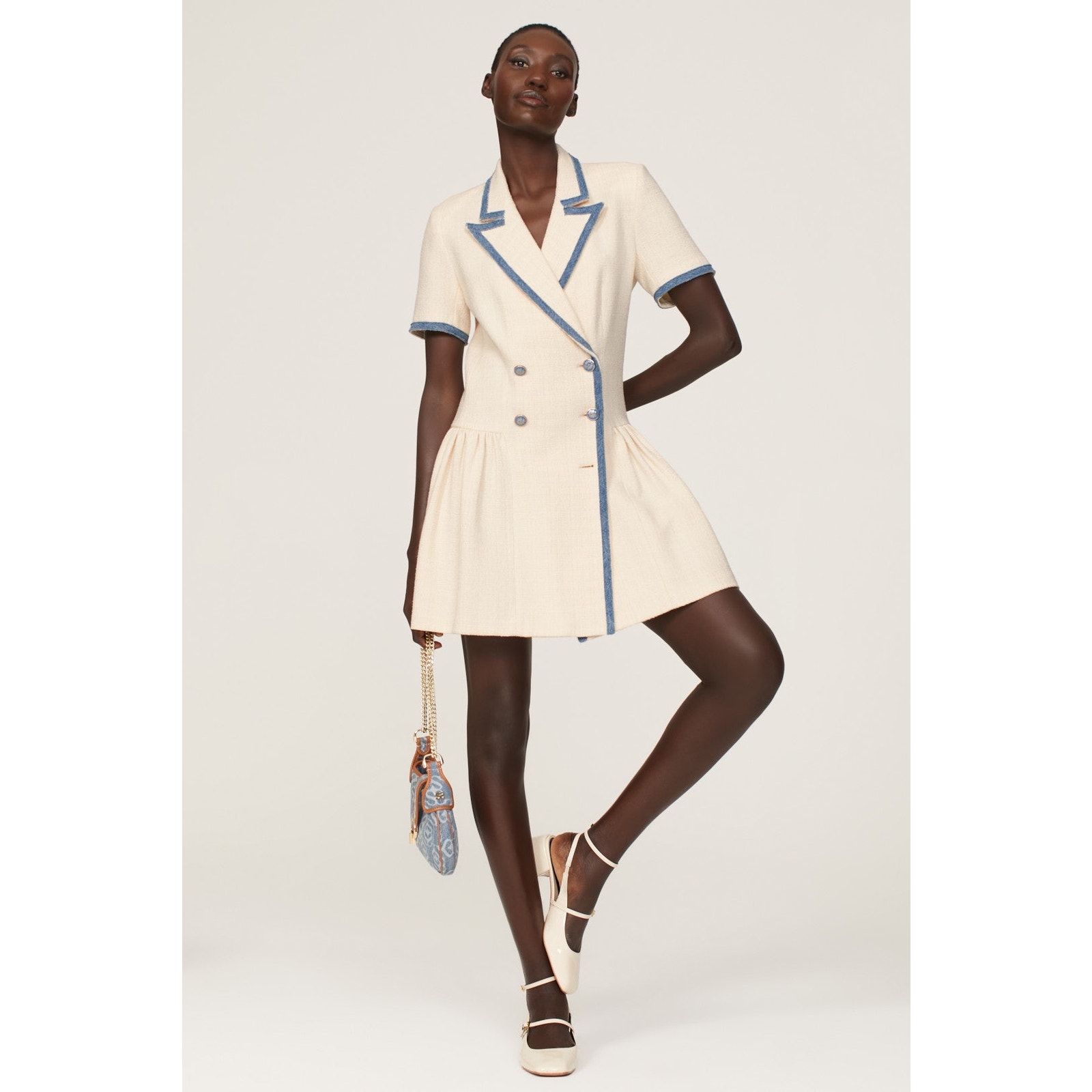 SANDRO Off White Tweed Blue Trim A-Line Double Breasted Seville Dress Size 36