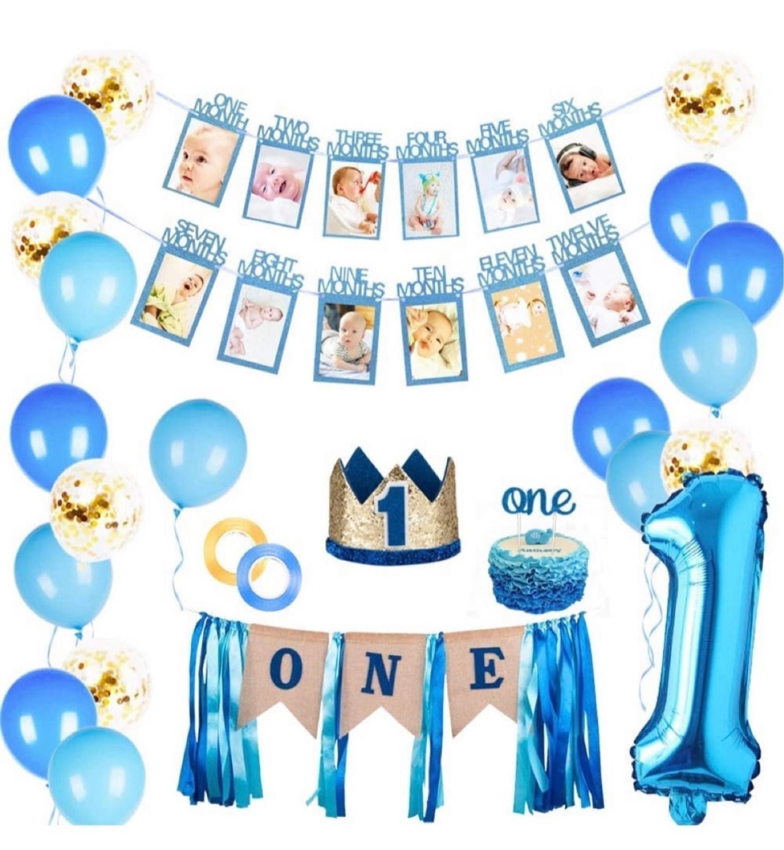 1st Birthday Boy Decorations - Boy 1st Birthday Party Supplies with Photo Banner
