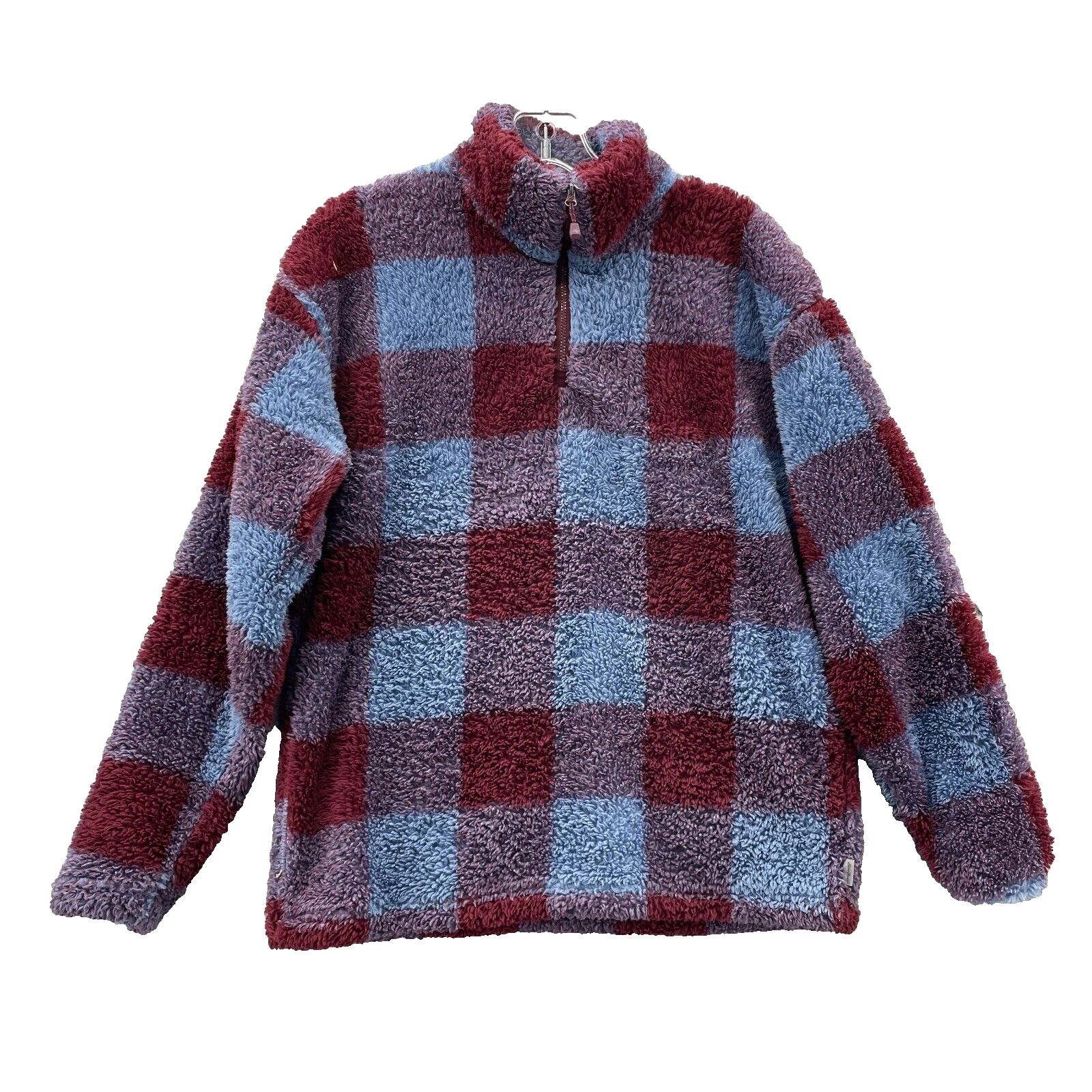 Eddie Bauer Sherpa Sweater Women Medium Blue Red Plaid Deep Pile Fleece Gorpcore