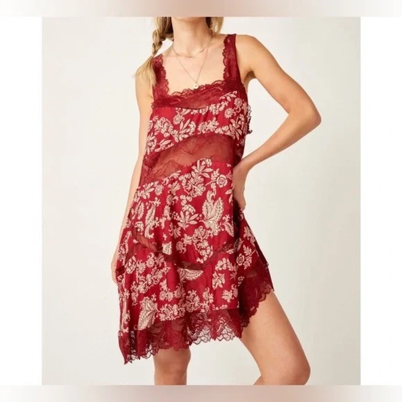 NWT Free People All Nighter Trapeze Slip - Red Combo - XS