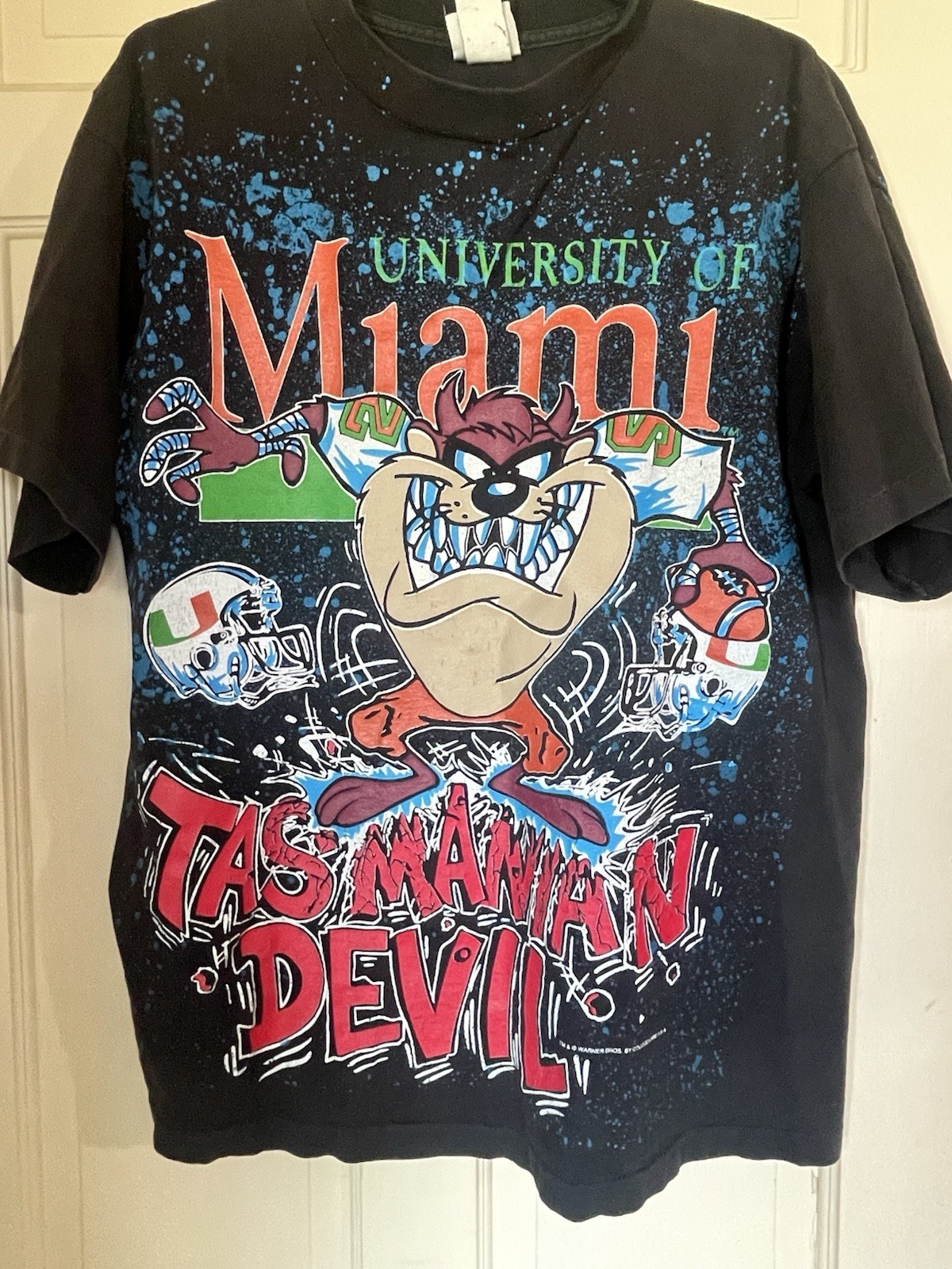 Vintage 1993 Miami Hurricanes Taz Devil Looney Tunes Football Shirt 90s Large
