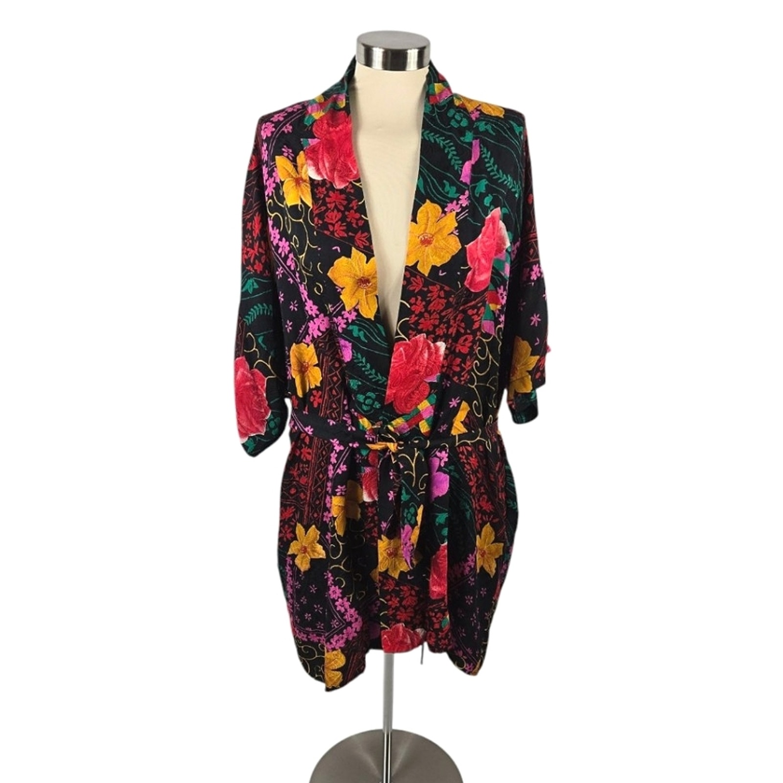 SILX by August Silk Floral Bohemian Vintage Kimono Silk Belted Robe