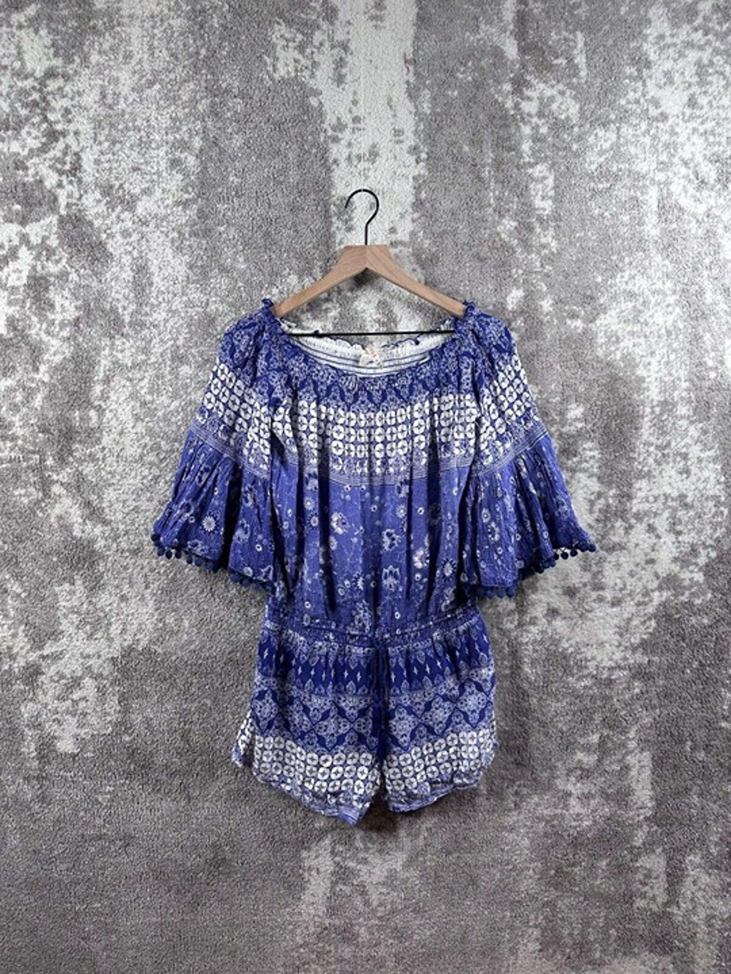 Raga Romper Large Womens Anthropologie Blue Viscoe Gauze Geometric One Piece
