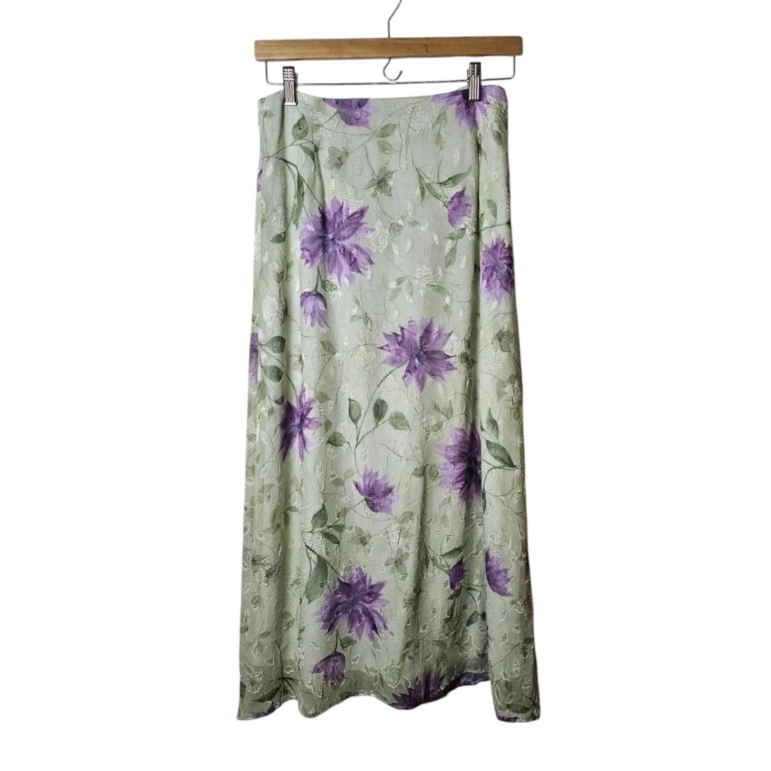 VTG Dressbarn M Green Maxi Skirt Crinkle Floral Lined Fairy 90s Cottage Easter