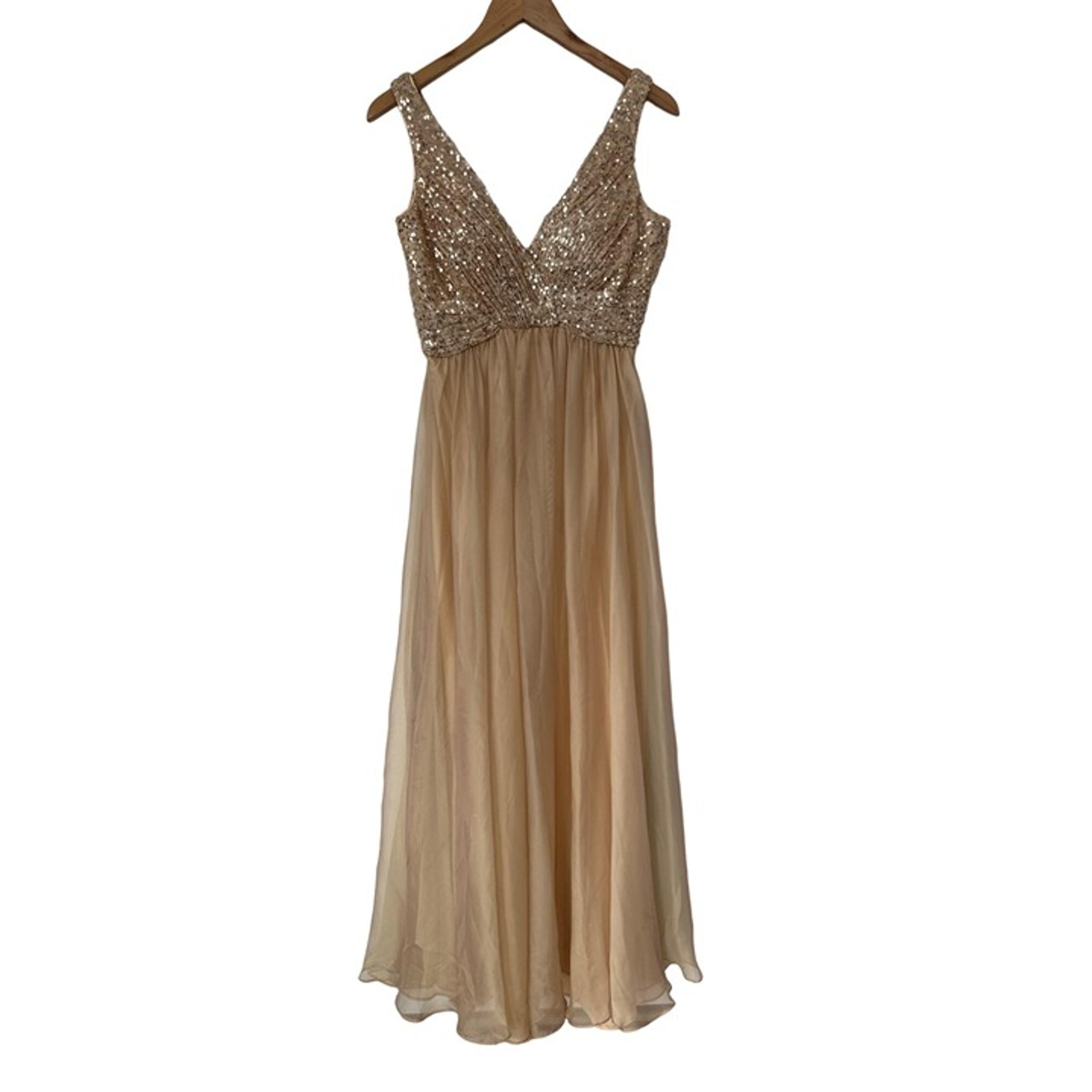 La Femme Gold Sequin Prom Dress Women 8 VNeck Chiffon Maxi Wedding Guest Sparkle