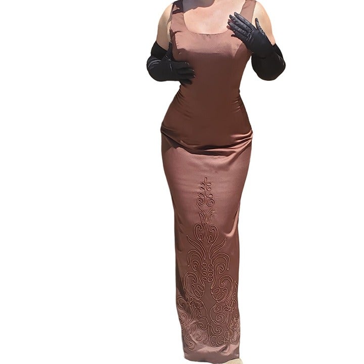 Vintage Brown Satin Square-Neck Slim-Cut Evening Gown 90s Y2K Size 6