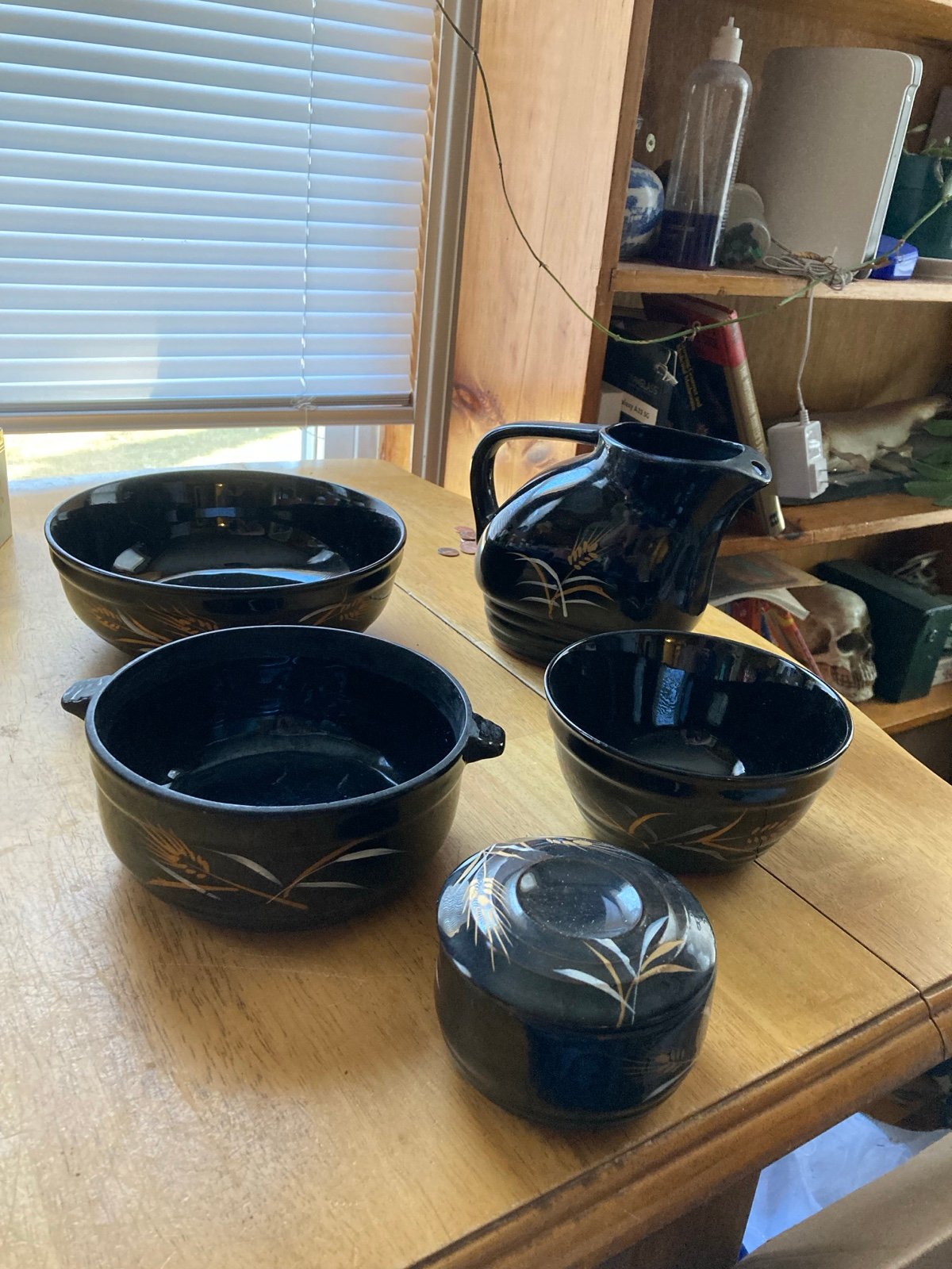 5 Piece Royal Sealy 1940s Japan Oven Proof Black Willows Painted set