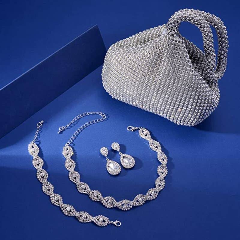 Silver Crystal Necklace Set Cubic Rhinestone Necklace Bracelet Earrings Handbag