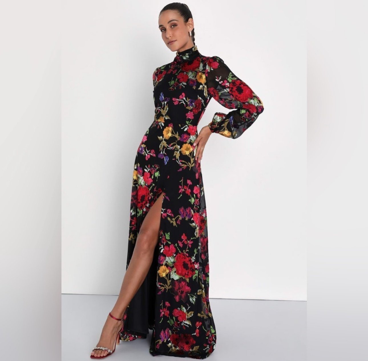 Lulus Women’s Graceful Arrival Black Floral Burnout Backless Maxi Dress XS NWOT