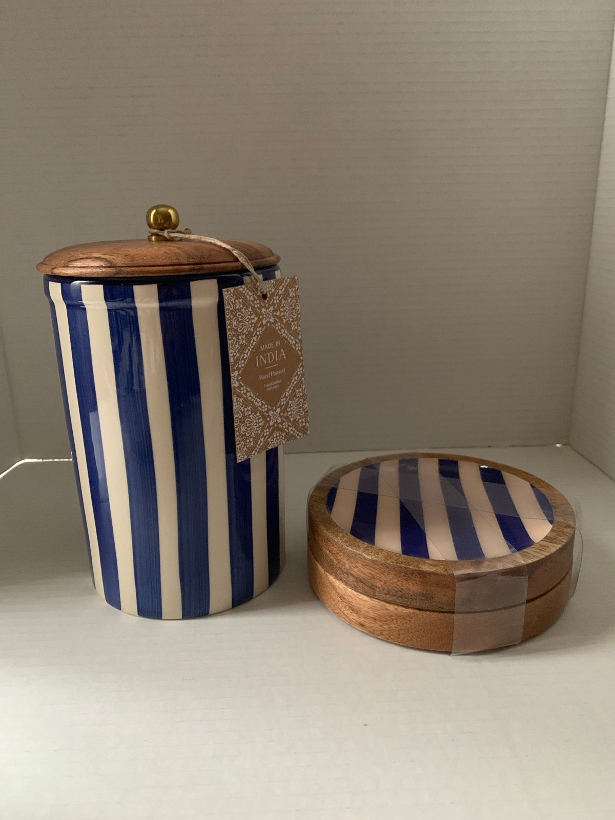 Striped Blue and White Plates Canister Made In India NEW