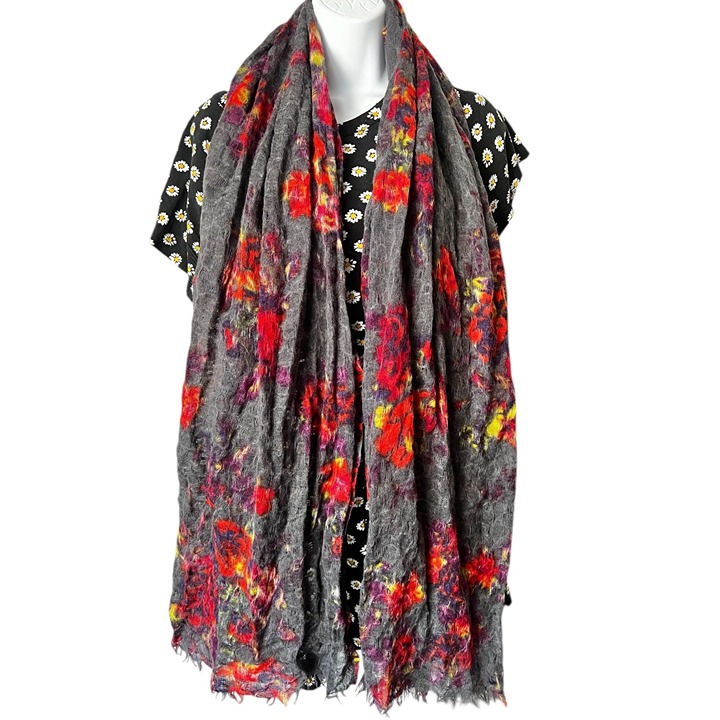 Lucky Brand Wool Loose Weave Gauzy Scarf Gray Red Yellow & Purple Wrap Shawl