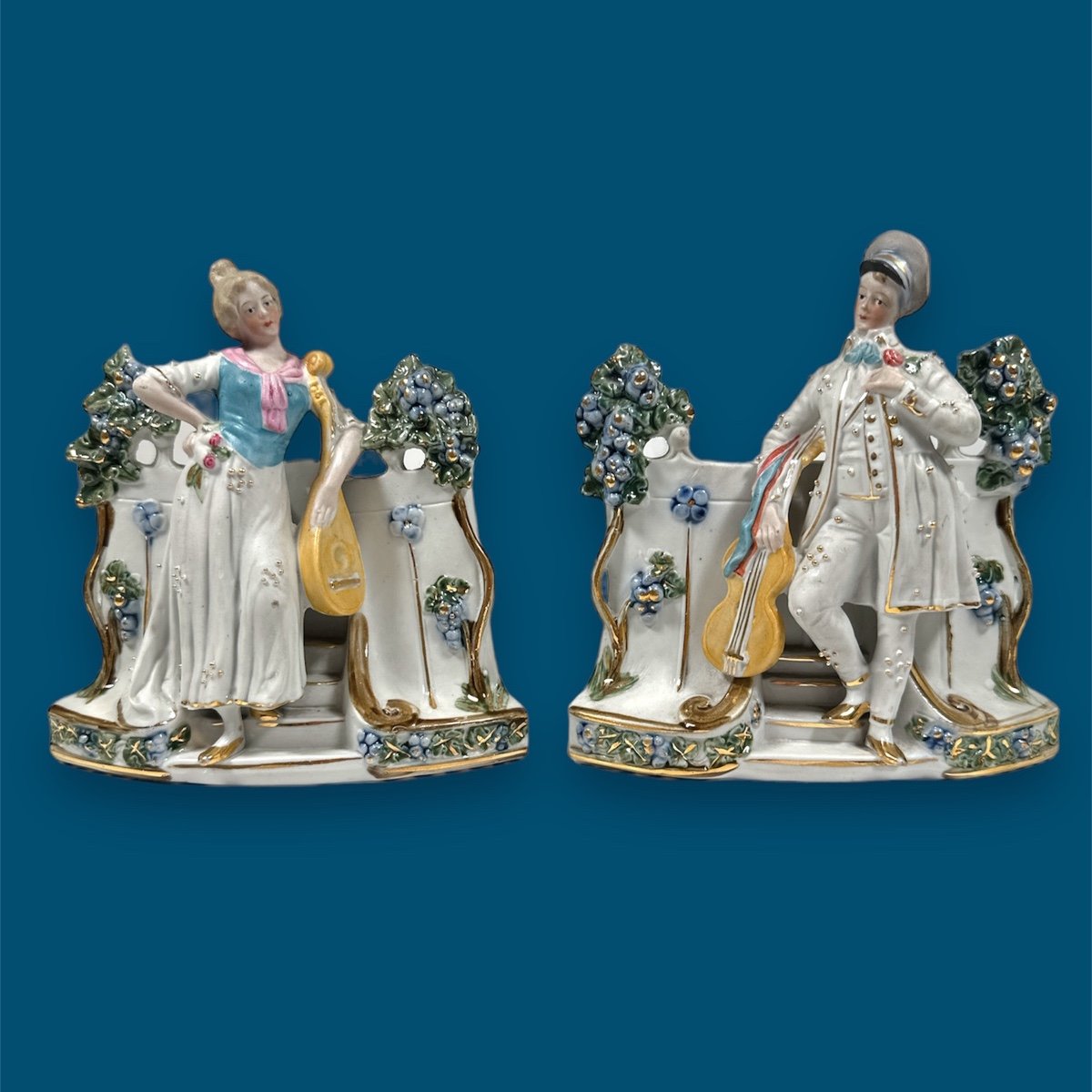 Antique German Bisque Porcelain Figural Figurines Dresser Vases Flowerpot Set 2