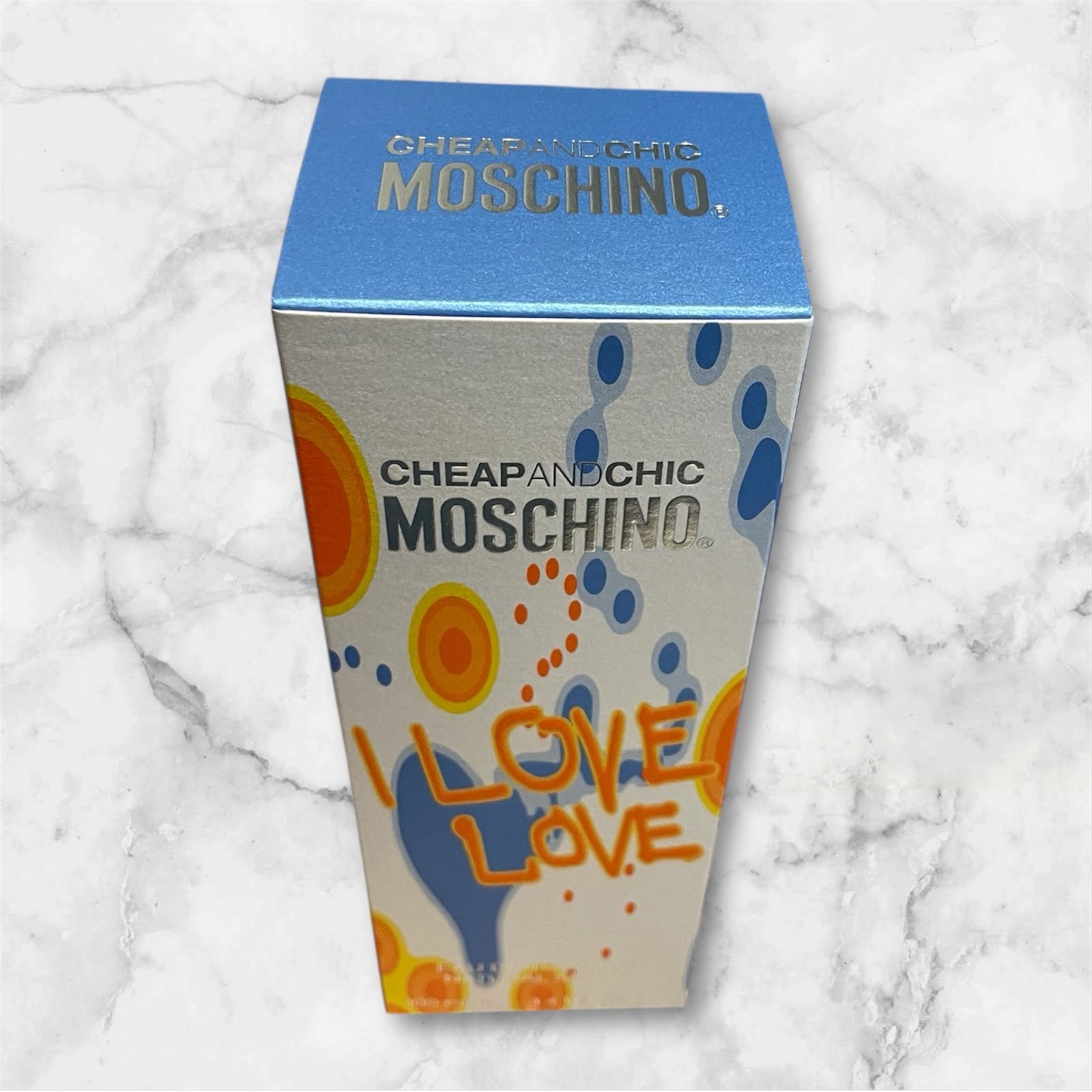 Moschino Love Love Perfume Box with Blue and Orange Accents
