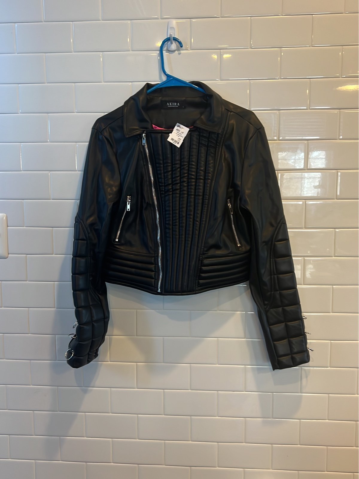 Women's Akira Zip Faux Leather Jacket with Pink Lining