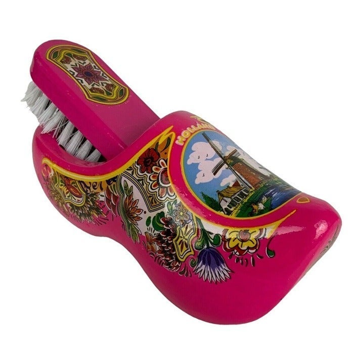 Holland Wooden Shoe with Brush Dark Pink Floral Wall Mount Travel Souvenir