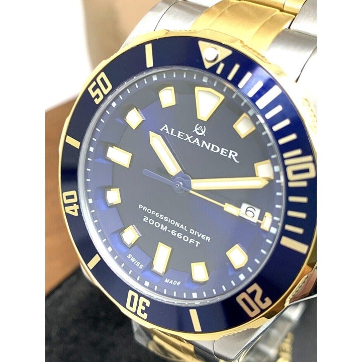 Alexander Men's Watch A501B Swiss Quartz Diver Blue Dial Two Tone Steel 42mm