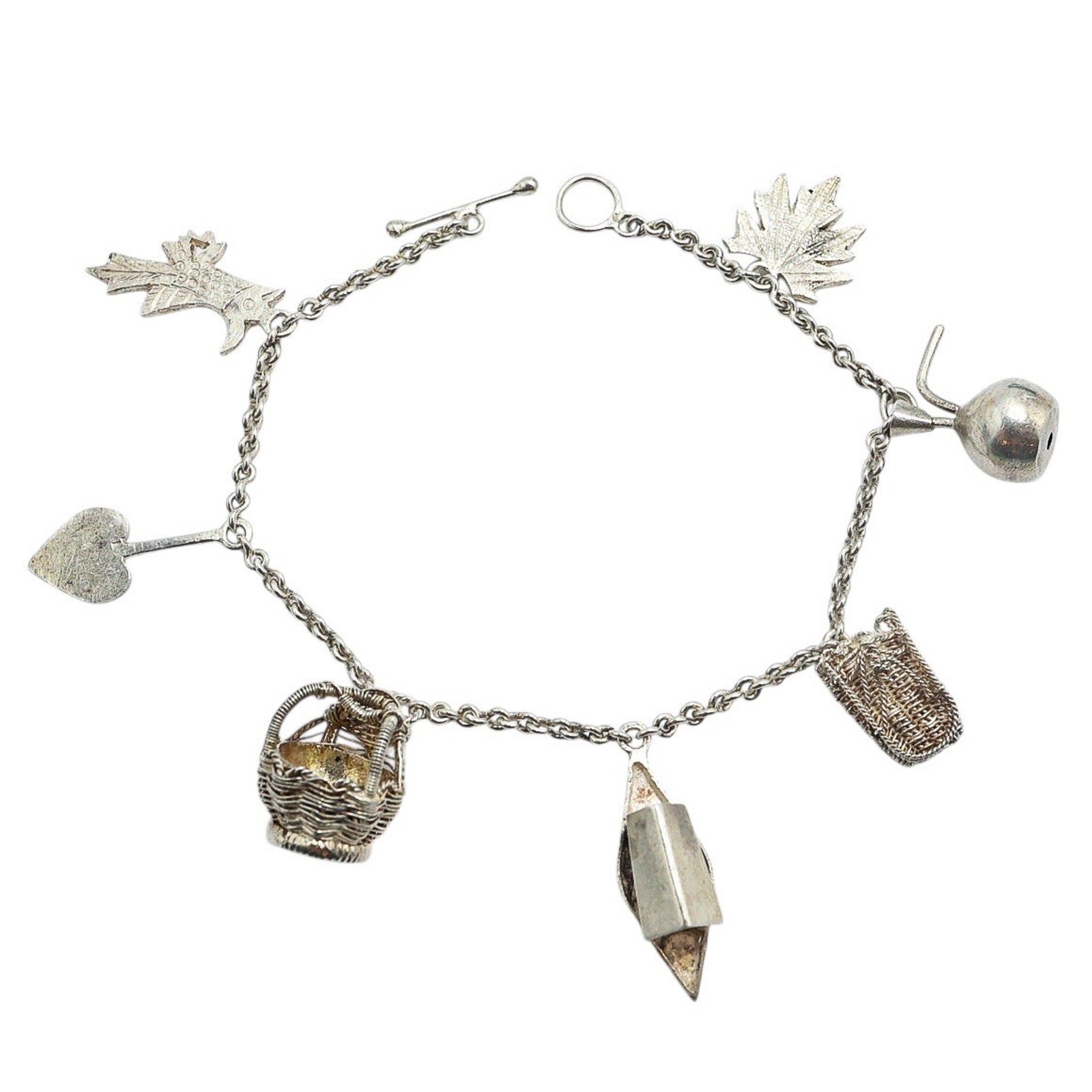 Rustic Artisan Silver Charm Bracelet Boho Folk Art Style Acid Tested 14g 7.5”