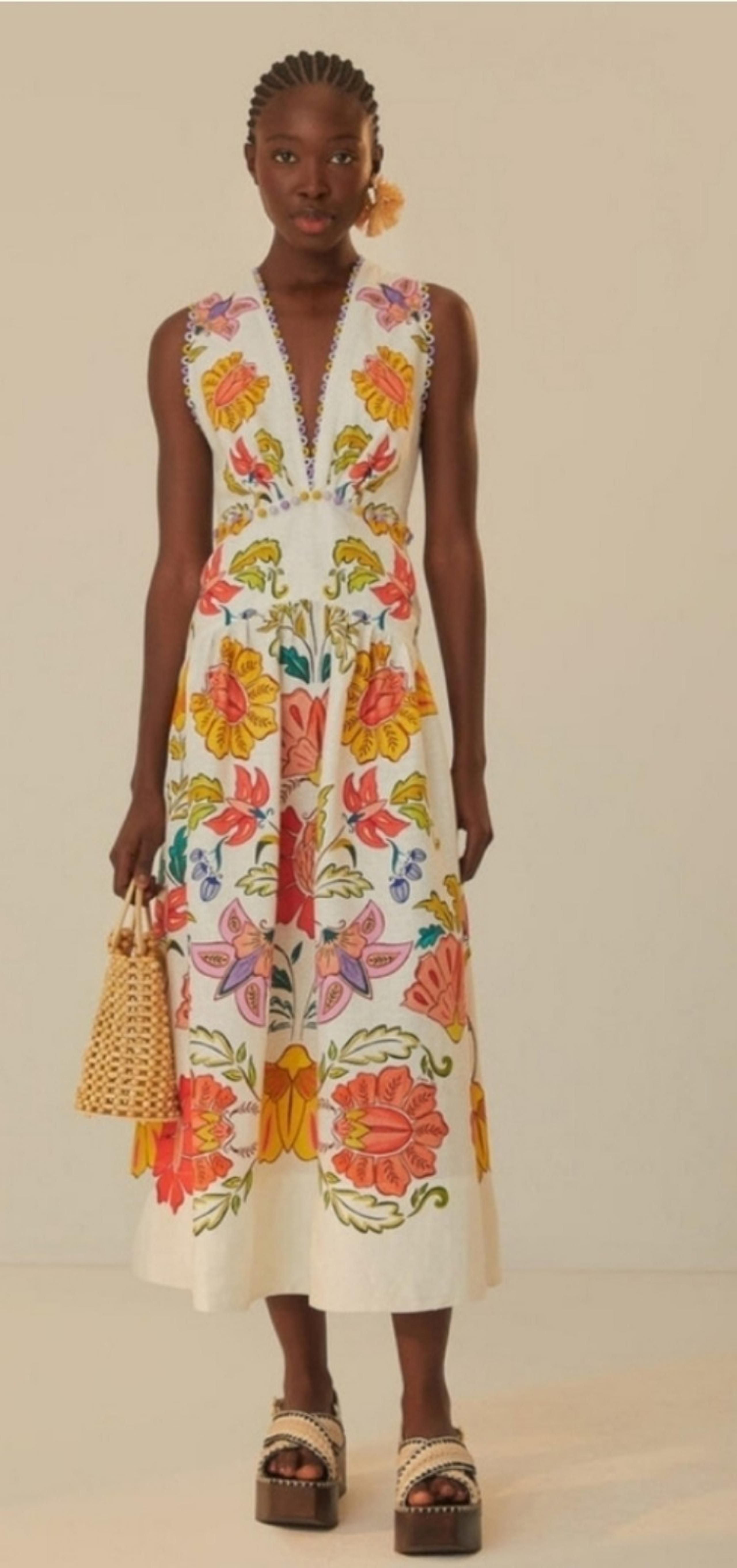 Farm Rio off-white Floral Insects Linen Maxi Dress size XL