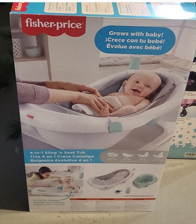 Fisher-Price sling baby bathtub toddler NB bath shower white gray teal