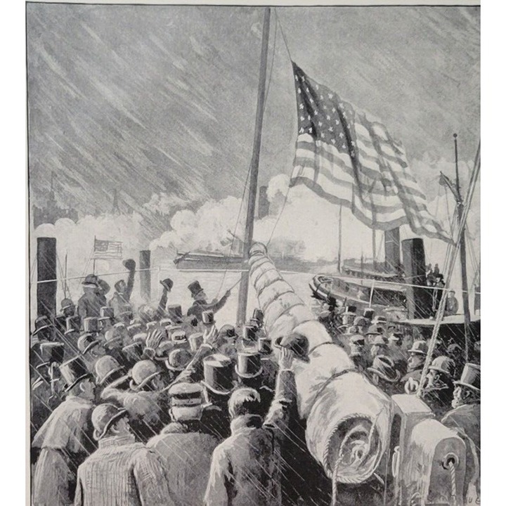 BENJAMIN HARRISON RAISING THE AMERICAN COLORS FLAG ON THE NEW YORK 1894 Print
