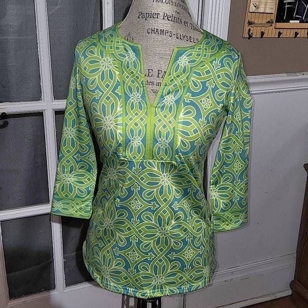 Gretchen Scott Womens Blue Green V Neck Tunic Top Blouse XS