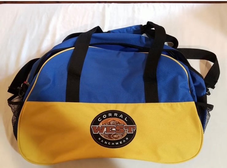 Wrangler Corral West Ranchwear Duffel Bag Rodeo NHS FINALS Bag BLUE Yellow Large