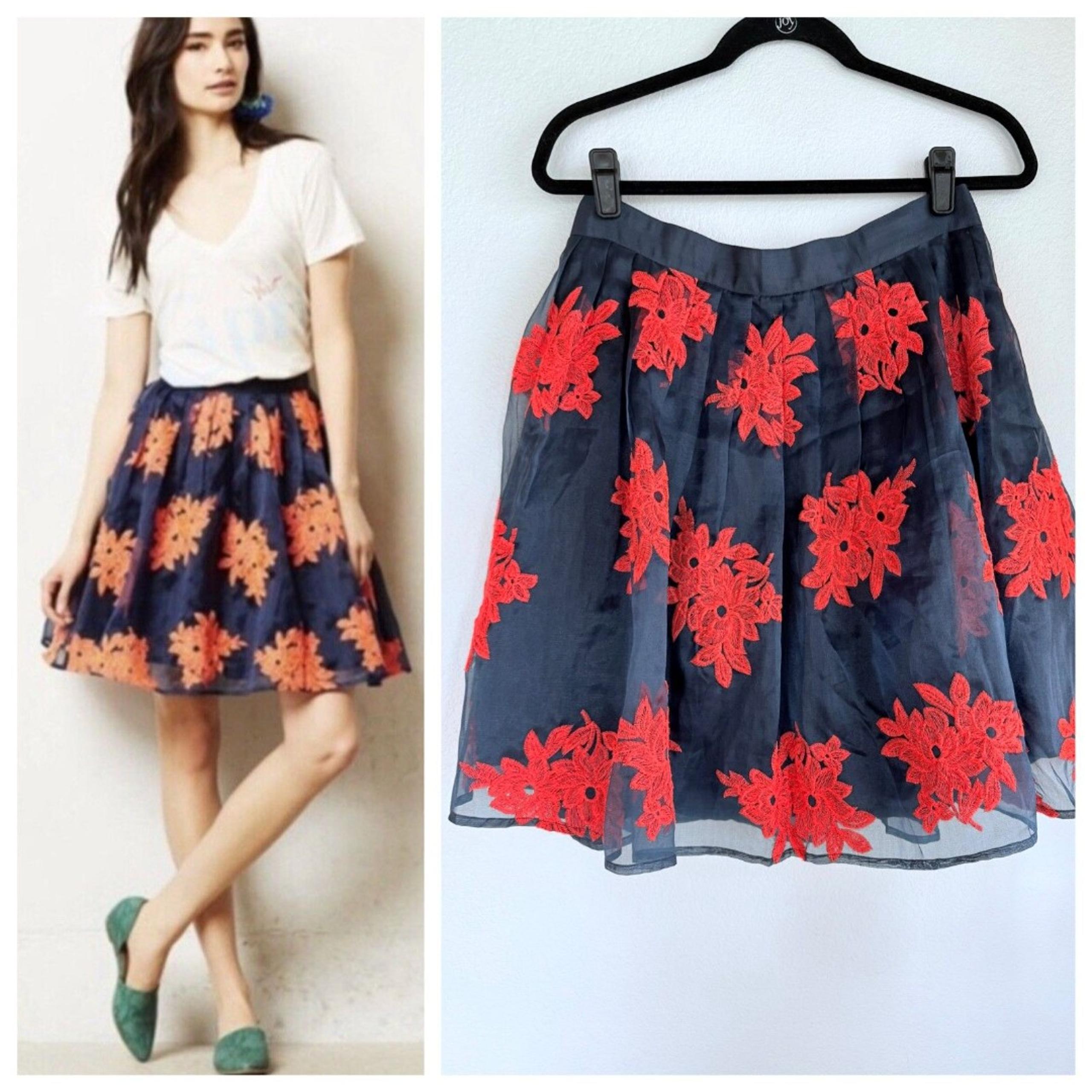 Anthropologie Maeve Pome Blossom Embroidered Tulle Full Skirt in Blue & Hot Pink