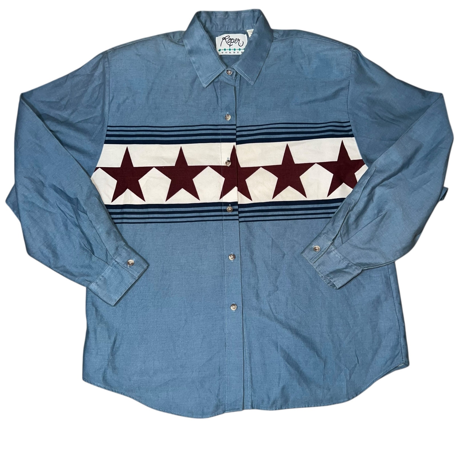 Vintage Roper Border Western Shirt -Red Stars-White & Blue Stripes Women Lg USA