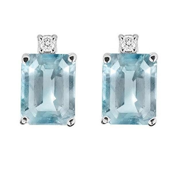 14k White Gold 2.35Ct Natural Emerald Cut Sky Blue Topaz & Diamond Stud Earrings