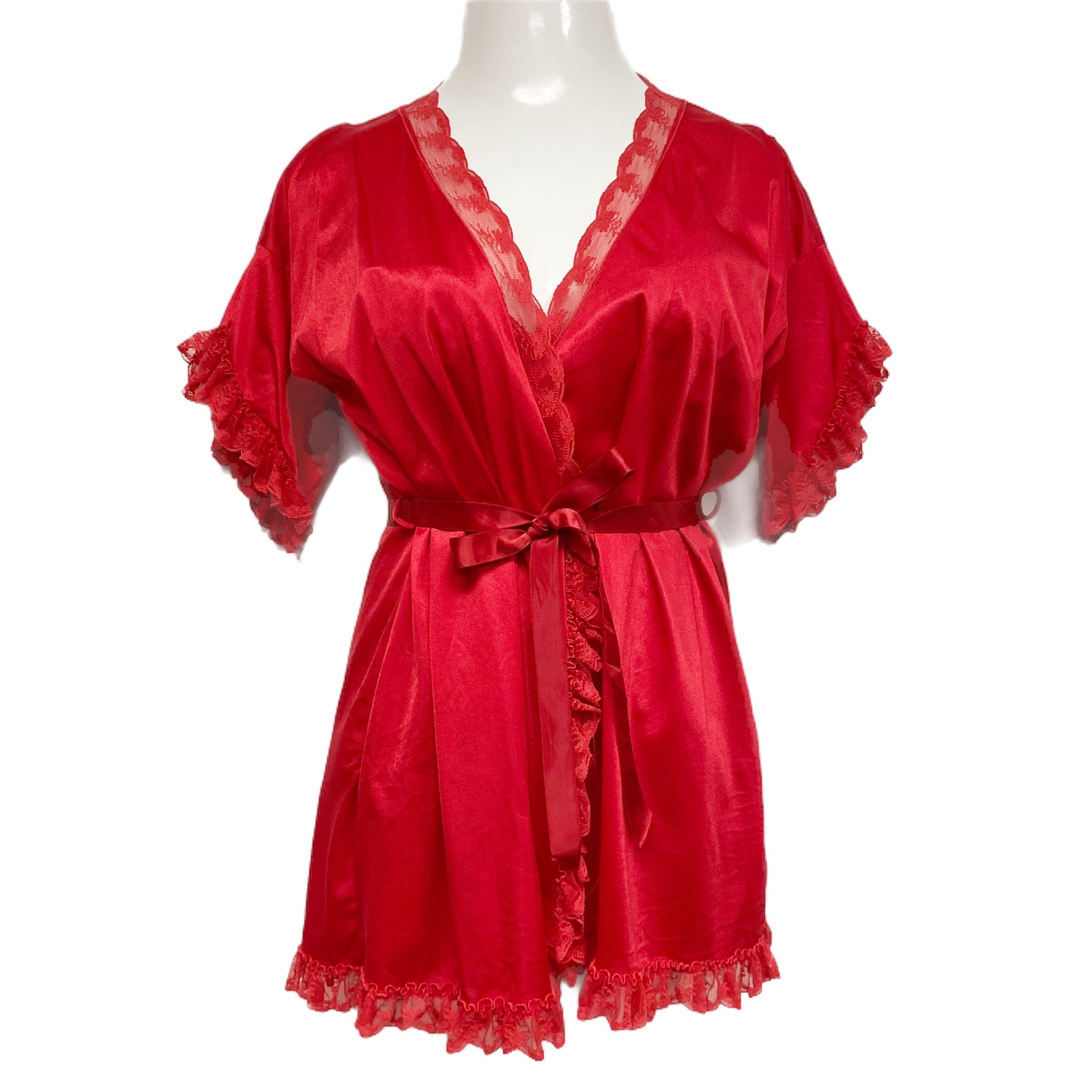 Vintage Val Mode Womens Size S Red Valentines Wrap Lace Trim Short Sleeve Robe