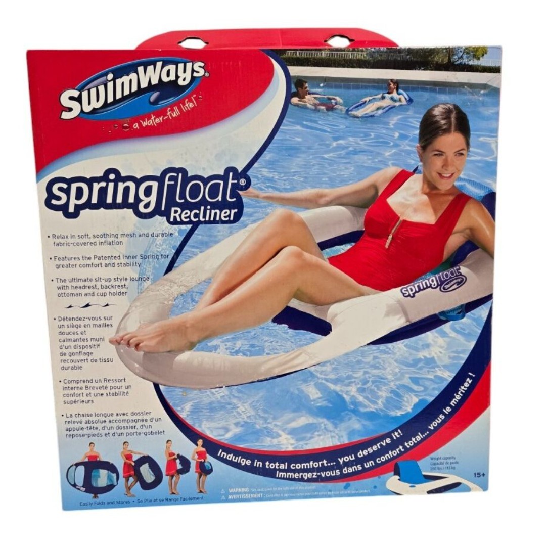 NEW SwimWays Spring Float Recliner Chair Blue Swimming Pool Inflatable Pool