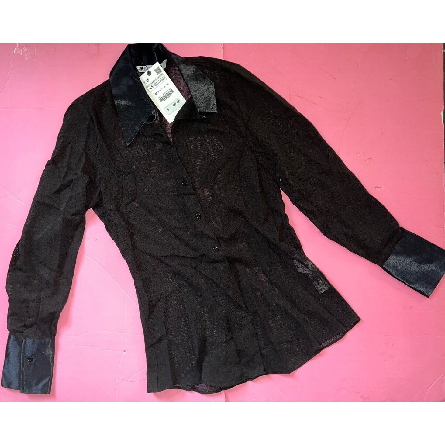 NWT Zara XS BLOUSE SHIRT satin Collar long-sleeve BLACK see-through SEXY