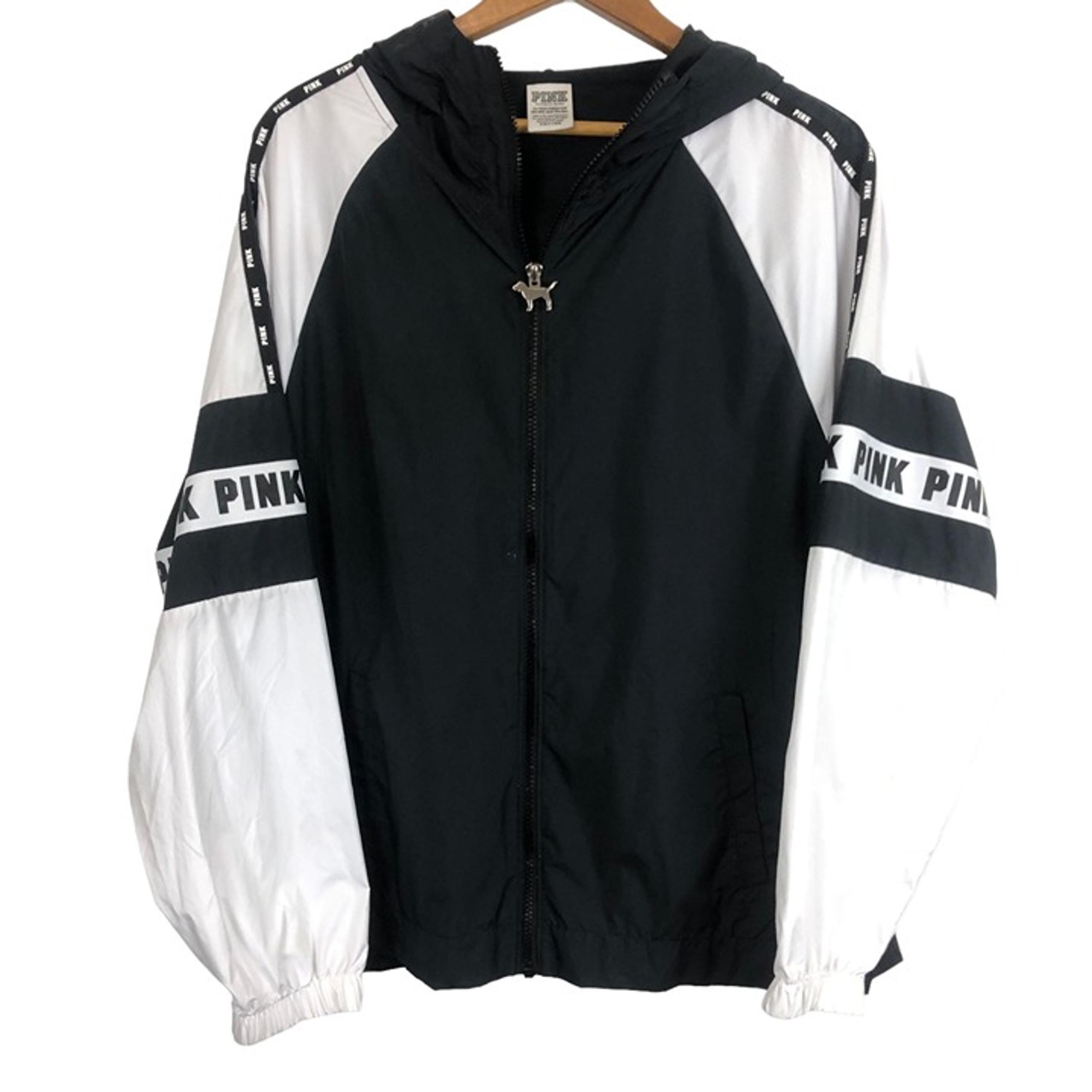 Victoria's Secret PINK Women's XS Windbreaker Jacket Black White Hooded Branded