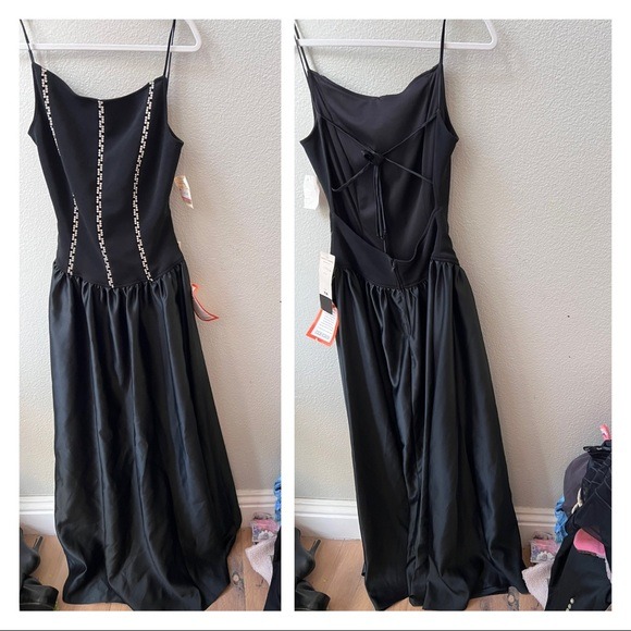 vintage deadstock dave and johnny black crystal open back prom dress gown 7/8