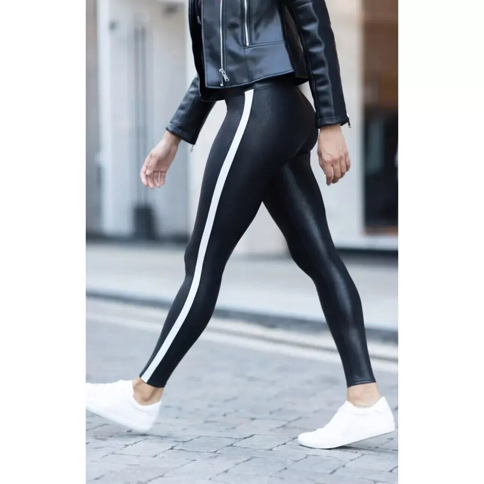 NWT Spanx Women's Very Black & White Side Stripe Faux Leather Leggings Size XS