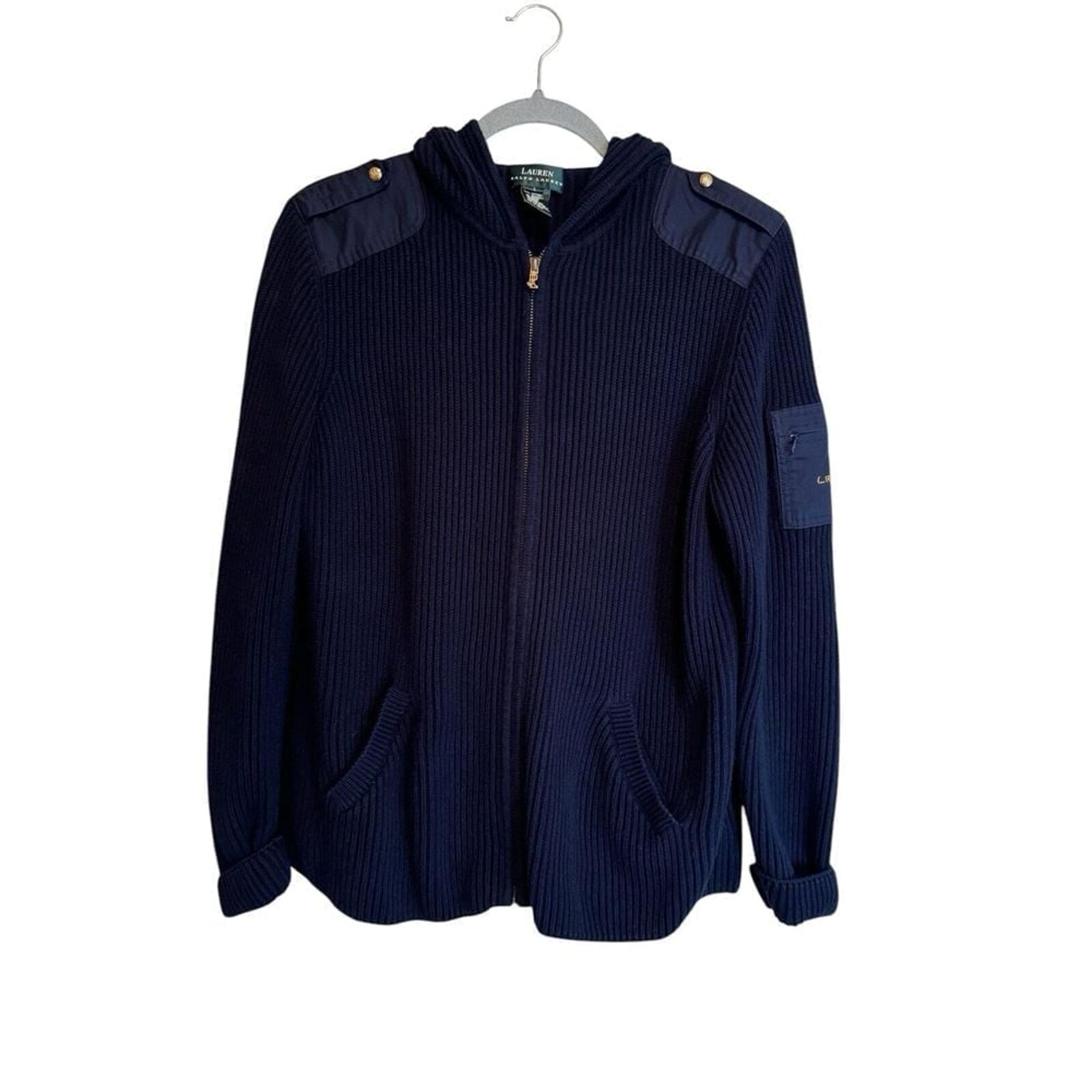L-RL Ralph Lauren Women's Blue Full Zip Knit Sweater  Gold Button Size L Hooded