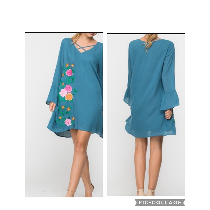 NWOT Blue Wonderland By Orange Dress Sz S, M and L with Embroidery of Flowers