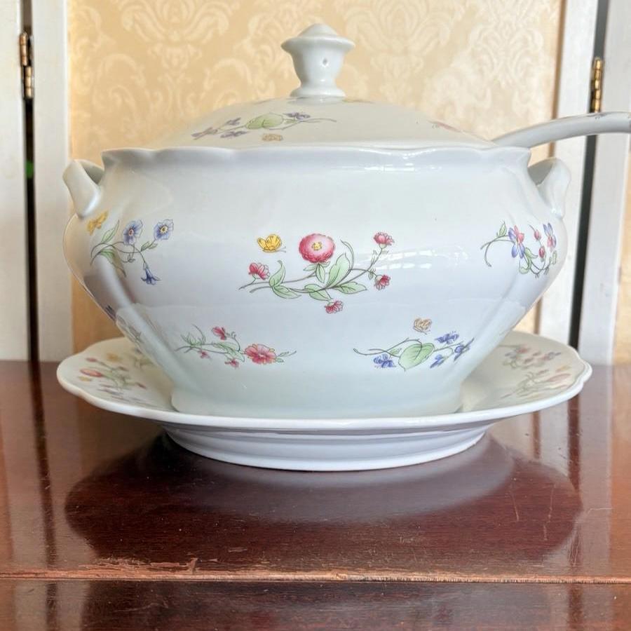 Vintage BIA Cordon Blue International 3 Piece Floral Soup Tureen, Lid & Ladle