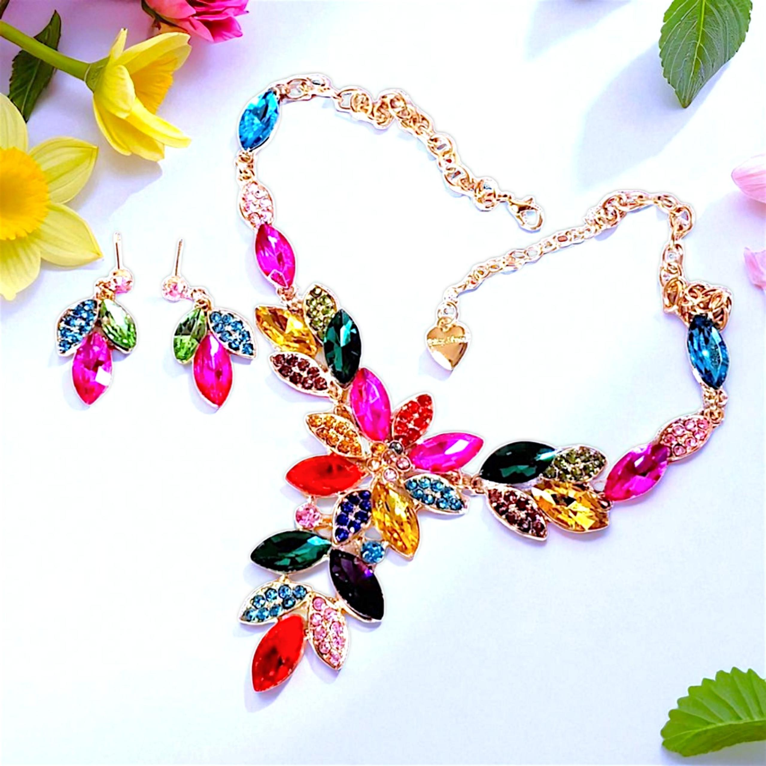 #1385 Gold plated Multicolor Crystal flower jewelry set