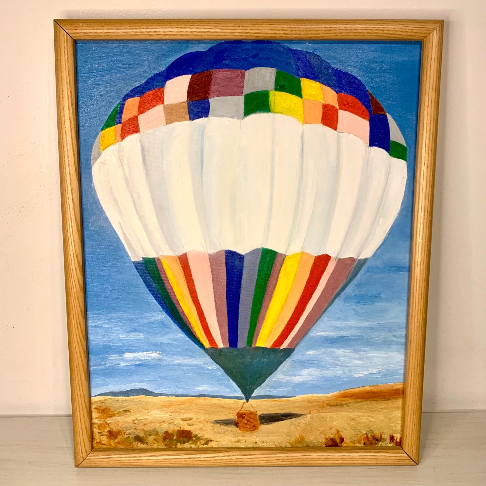 Framed Canvas Oil Painting Hand Painted Hot Air Ballon 21”x 17” Handmade Frame