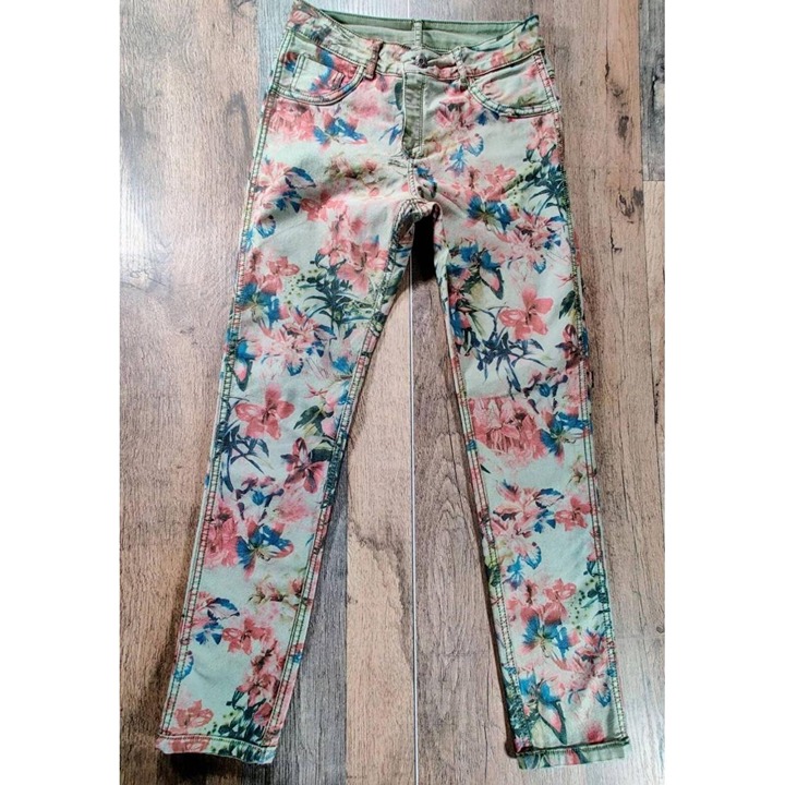 Reversible Purple Floral Print Skinny Jeans Five-Pocket Style Medium